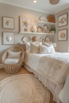 a white bed sitting in a bedroom next to a chair and shelves filled with seashells