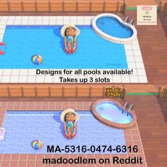 two pictures of an inflatable pool, with the caption'designs for all pools available takes up 3 slots '