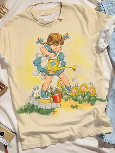 Vintage Watering Flower Girl Crew Neck T-shirt Easter Clothing, Gift Closet, Grandma Clothes, Clothes Print, Clothing Wishlist, Petite Shorts, Light Blue Shirts, Clothes Closet, Water Flowers