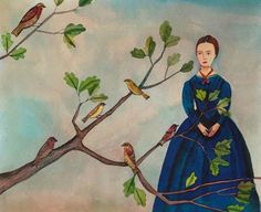 a painting of a woman sitting on a tree branch with two birds perched on it