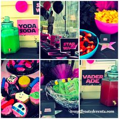 a collage of photos with various food items and decorations on it, including candy