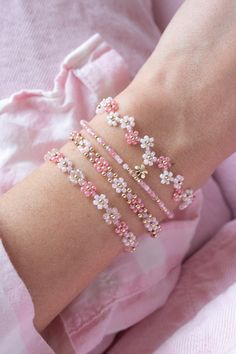 Gold Filled Flower Bracelets in Pink Bracelet for Woman Beaded Bracelet Gift for Her - Etsy Canada Pink Flower Beaded Bracelet, Pink Beads Bracelets, Beaded Accessories Ideas, Bracelet Bead Patterns, Cute Pink Accessories, Bracelet Patterns Beads, Diy Bead Bracelets, Diy Beads Bracelet, Flower Beads Bracelet