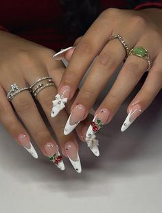 Cherry Nails With Gems, Long Almond Nails With Gems, Almond Shape Nails Christmas, Cherry Gem Nails, Cute Almond Christmas Nails, Long Almond Christmas Nails, Stiletto Nails With Charms, Almond Nails Cherry, Cherry Charm Nails