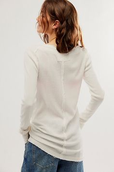 Just as cool as it is classic, this goes-with-anything crew neck is featured in a staple waffle knit fabrication and slightly longline fit with contrast sleeves, defined seaming, and raw hems for a true lived-in look. **Fit:** Relaxed, oversized fit **Features:** Crew neckline, contrast sleeves, thumbhole detail, raw hems, side slits at bottom **Why We | Care FP Honey B Crew Neck Top by Free People in White, Size: M Kimono Outerwear, Hair Socks, Rolling Hills, Loungewear Shorts, Crew Neck Top, Denim Jumpsuit, Scarf Hairstyles, Waffle Knit, Hat Hairstyles