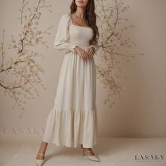 Lasaky - Autumn Chic Long-Sleeve Dress with Flared Hem and High Waist Autumn Chic, Long Dress Patterns, Sleeved Wedding, Bodysuit Blouse, Linen Shirt Dress, Neck Bodycon Dress, Dress Shirt Sleeves, Floral Print Midi Dress, Long Sleeve Wedding