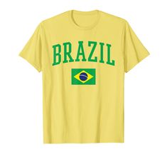 a t - shirt with the word brazil in green and yellow on it's chest