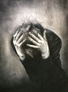 a drawing of a woman covering her face with hands