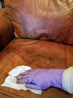 a person with purple gloves cleaning a brown leather couch