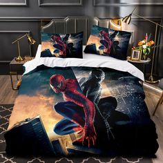 a bed with spiderman on it in a bedroom next to a night sky background