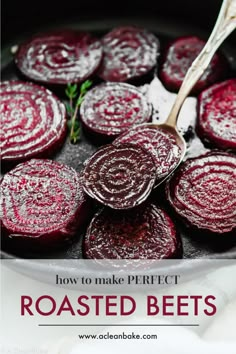 sliced beets in a cast iron skillet with text overlay reading gluten free, palen and low carb perfect roasted beets