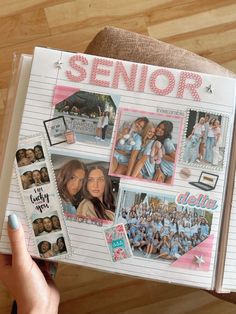 a person holding up a book with pictures on it and the words senior written in pink