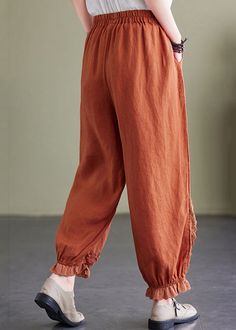 Casual Orange Embroideried Pockets Linen Lantern Pants SummerFabric: Cotton 45%, Linen 55%Size & Fit: This garment fits true to size.Length: Size L measures 35.49"from waist to hem.Waist:Fitted - elastic waist allows stretch Hip: Loosely Fitted. room for hips. Hand Wash Cold. Brown Relaxed Fit Ankle-length Harem Pants, Loosely Fitted Brown Harem Pants For Fall, Brown Ankle-length Relaxed Fit Harem Pants, Brown Harem Pants For Fall, Baggy Brown Ankle Pants, Brown Relaxed Fit Harem Pants With Tapered Leg, Brown Tapered Leg Harem Pants With Relaxed Fit, Casual Brown Harem Pants For Spring, Brown Relaxed Fit Harem Pants For Spring