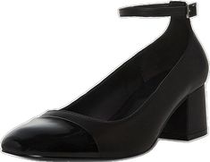 Black Block Heels With 4-inch Heel For Office, Black 4-inch Block Heels For Office, Black Stacked Heel Block Heels For Office, Black Ankle Strap Block Heels For Office, Black Block Heels For Office, Black Block Heels For Work With Round Toe, Black Medium Width Block Heels For Office, Black Fitted Low Block Heels, Black Patent Leather Block Heels For Work