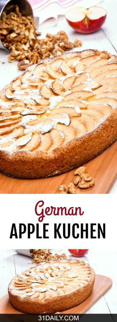 german apple kuchen on a cutting board with apples in the background and text overlay