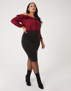 Every girl needs a go-to bodycon skirt, adding our Curve Essential Bodycon Skirt to your closet is a must with its' slim-fitting silhouette and classic style! This women's plus size bodycon skirt has a back slit in the center. It's made from an extremely soft knit fabric that is stretchy and comfy to wear for any occasion. This skirt is made from 95% Polyester and 5% Spandex. Recommended to hand wash cold. Made in USA. Model is wearing a size 1XL. Destroyed Denim Jacket, Ooh Ahh, Strapless Bodycon Dress, Plus Size Bodycon, Destroyed Denim, Bodycon Skirt, Girl Needs, Plus Size Skirts, Woman Standing