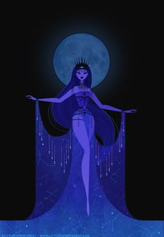 a woman with long hair standing in front of a moon and stars filled sky, holding her arms out to the side