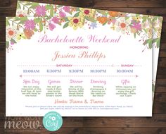 a floral bachelor weekend party poster on a wooden background with the date and time listed