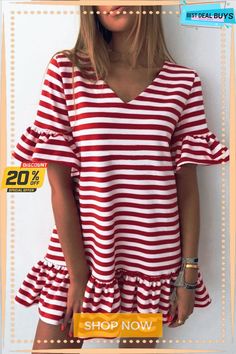 Ladies Fashion V-neck Striped Dress Girls Sundress, Striped Dress Summer, Striped Shift Dress, Shift Dresses, Mini Dress Fashion, Ruffle Sleeve Dress, Women's Evening Dresses, Striped Mini Dress, Stripe Dress