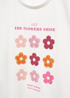 Printed cotton-blend t-shirt - Girls | Mango Kids USA Girls Winter Outfits, Toddler Graphic Tee, Spring Tees, Flower Print Shirt, Kids Tee Shirts, Tu Clothing, Flowers Print, Flower Graphic, Kids Graphic Tees