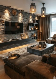 a living room filled with furniture and a flat screen tv mounted on a wall above a fireplace