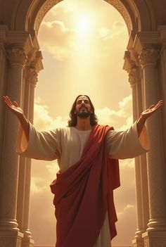 jesus standing in front of an arch with his arms outstretched and hands out to the sky