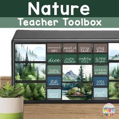 a teacher's toolbox with watercolor trees and mountains on it, along with the title nature teacher toolbox