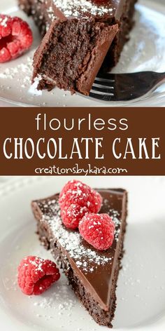 chocolate cake with raspberries and powdered sugar on top