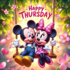 two mickey and minnie mouses sitting on a swing with the words happy thursday