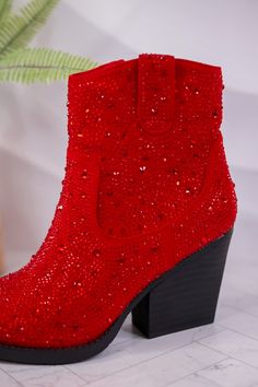 Stunning Red rhinestone covered boots. These gorgeous boots will have you stepping out in style! With a rhinestone-covered finish, you can be sure that you'll sparkle every time you walk in the room. Fit: True to size. If you have a wide foot, size up 1/2 size. Heel: 3” Brand: Very G Red Sparkly Boots, Sparkly Boots, Wedge Heel Sneakers, Gorgeous Boots, Relaxed Jeans, In The Room, Red Rhinestone, Stepping Out, High Rise Denim