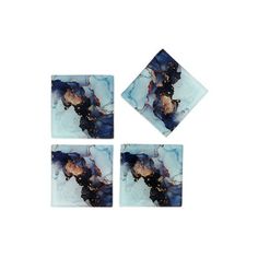 three square coasters with blue and white marble designs on the top one has an abstract design