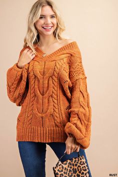 SWEATER LOVE || COMFY COZY Super soft, warm chunky cable knit fabric Can be worn on or off the shoulder V-Neckline Ribbed cuffs and hem Puff sleeve 80% Acrylic, 20% Polyester Fits true to size, oversized fit Measurements approximately: Small: Bust 42", Length 27" Medium: Bust 45", Length 27" Large: Bust 48", Length 27" Fall Cable Knit Cropped Sweater, Chunky Sweater Nordstrom, Affordable Knit Sweater For Fall, Affordable Bohemian Fall Sweater, Cheap Orange Sweater For Fall, Rust Chenille Sweater, Cozy Orange Sweater, Cheap Cozy Fall Sweater, Cheap Oversized Orange Sweater