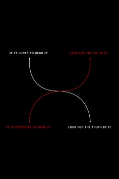 a black background with red text and an arrow pointing to the left, looking for the truth in it