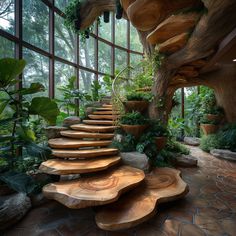 a spiral staircase made out of wood and plants