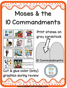 an orange and white poster with the words mosss and the 10 commandments