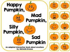 an image of pumpkins with different expressions on the front and back of each one