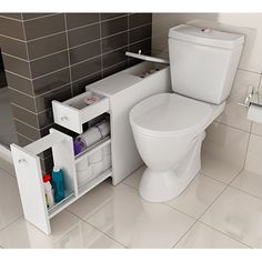 a white toilet sitting inside of a bathroom next to a wall mounted cabinet with drawers