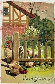 an old fashioned postcard with chickens in front of a fence and house on the other side