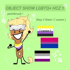 a cartoon character holding a microphone in front of a sign that says object show lgtq