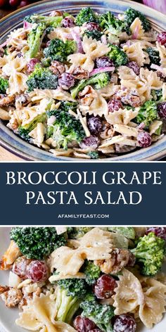 broccoli grape pasta salad in a white bowl with text overlay that says broccoli grape pasta salad