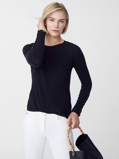 As easy as a tee, our raglan sleeve sweater comes in season spanning stretch knit with tiny golden buttons like built-in jewelry. | J.McLaughlin Women's Jamey Sweater Black, Size 2XS | Cotton Raglan Sleeve Sweater, Heather Brown, J Mclaughlin, Sweater Collection, Women's Sweaters, Work Attire, White Long Sleeve, Sleeve Sweater, Raglan Sleeve