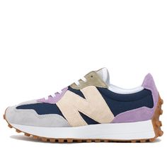 New Balance Wmns 327 'Natural Indigo Raw Amethyst' WS327PAA Diy Heels, Dark Blue Purple, New Balance 327, Cute Sneakers, Raw Amethyst, Womens Summer Shoes, Athleisure Fashion, Fabulous Shoes, Purple Gray