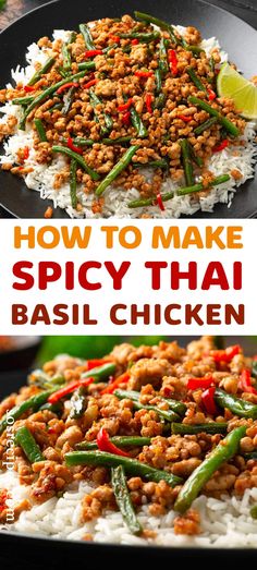 how to make spicy thai basil chicken on top of rice in a black skillet