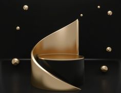 an abstract gold object is shown in the middle of a black background with golden balls