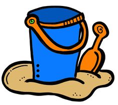 a blue bucket and shovel sitting in the sand on top of a white background with an orange handle