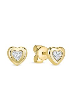 Solitaire diamonds illuminate dainty heart-shape stud earrings crafted from gleaming 14-karat gold. 1/8"W x 1/8"L Post back Total diamond weight: 0.16ct. 14k gold/diamond Imported Diamond Guide Yellow Gold Diamond Double Heart Earrings, Yellow Gold Heart-shaped Diamond Earrings, Heart-shaped Diamond Earrings In Yellow Gold, Heart-shaped Yellow Gold Diamond Earrings, Formal Heart-shaped Yellow Gold Diamond Earrings, 14k White Gold Heart-shaped Diamond Earrings, Heart Shaped 14k White Gold Diamond Earrings, 14k White Gold Heart Diamond Earrings, Fine Jewelry Yellow Gold Heart Earrings With Diamond Accents