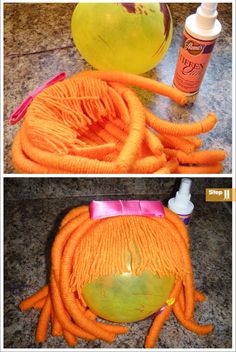 two pictures showing how to make an orange hairball with yarn and glue on it