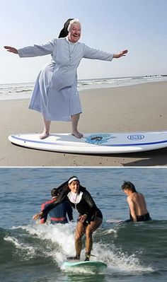 two pictures of people on surfboards in the water and one has an older woman