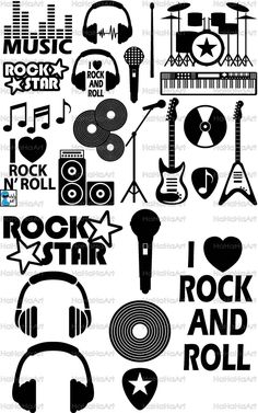 the rock and roll logo is shown with headphones, microphones, music notes, guitar