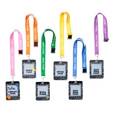 six lanyards with different colored lanyard tags on each lanyard, one has a name tag attached to the lanyard