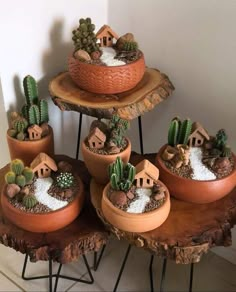 three tiered trays with cactus plants and rocks on each side, along with small houses in the middle